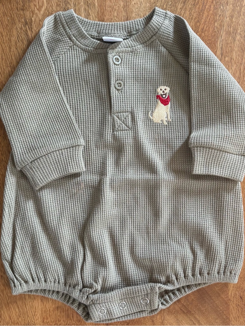 Waffle-Knit Baby One-Piece in Olive with Dog Embroidery